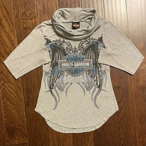 Harley Davidson Rhinestone Cowl Neck Long Sleeve Shirt Y2K